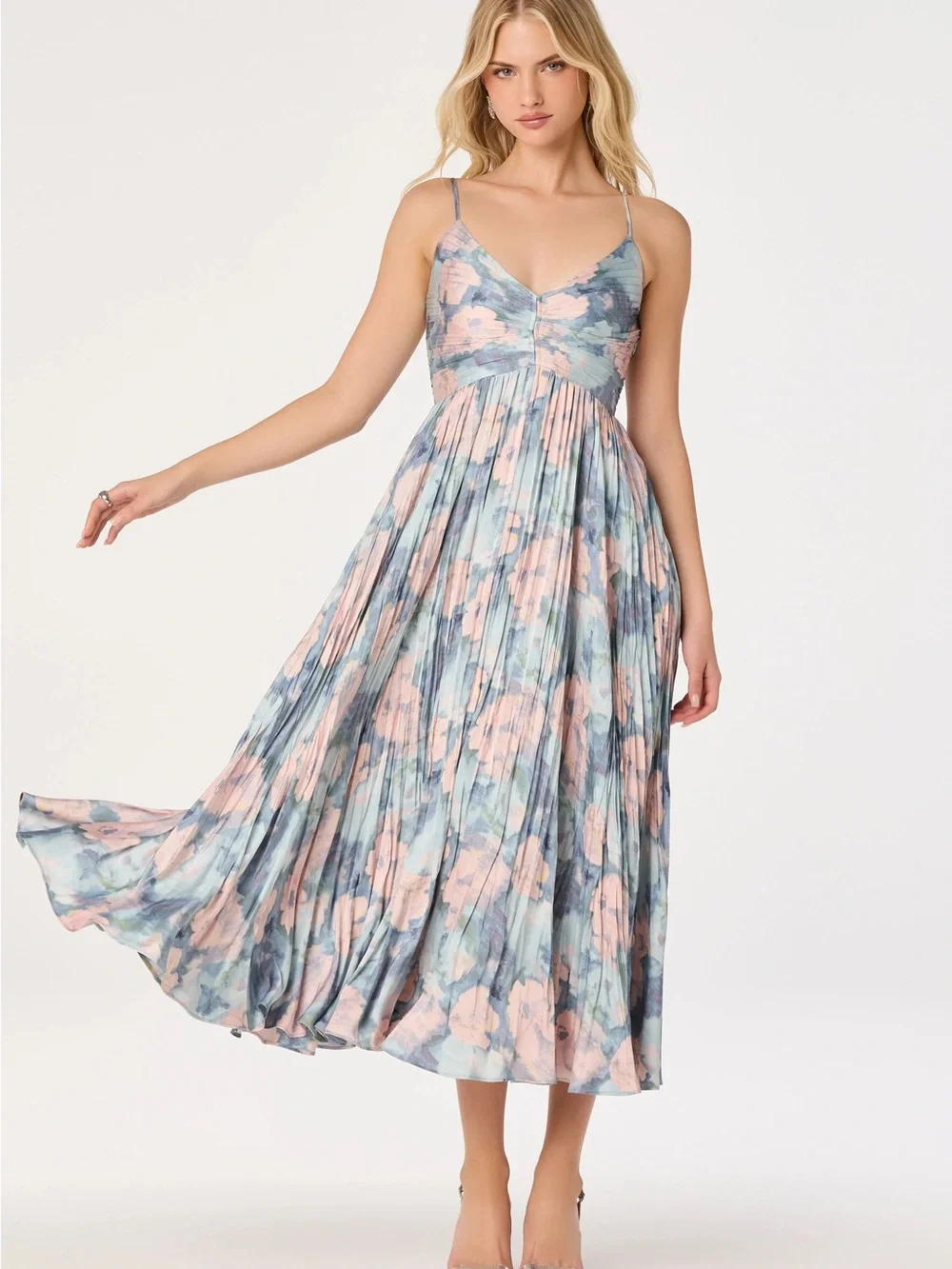 Astr Pleated Floral Midi Dress in Blue and Pink